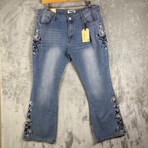 VIP HONEY Womens Jeans Floral Embroidered Flare Denim 3XL Boho Cottace Feninine